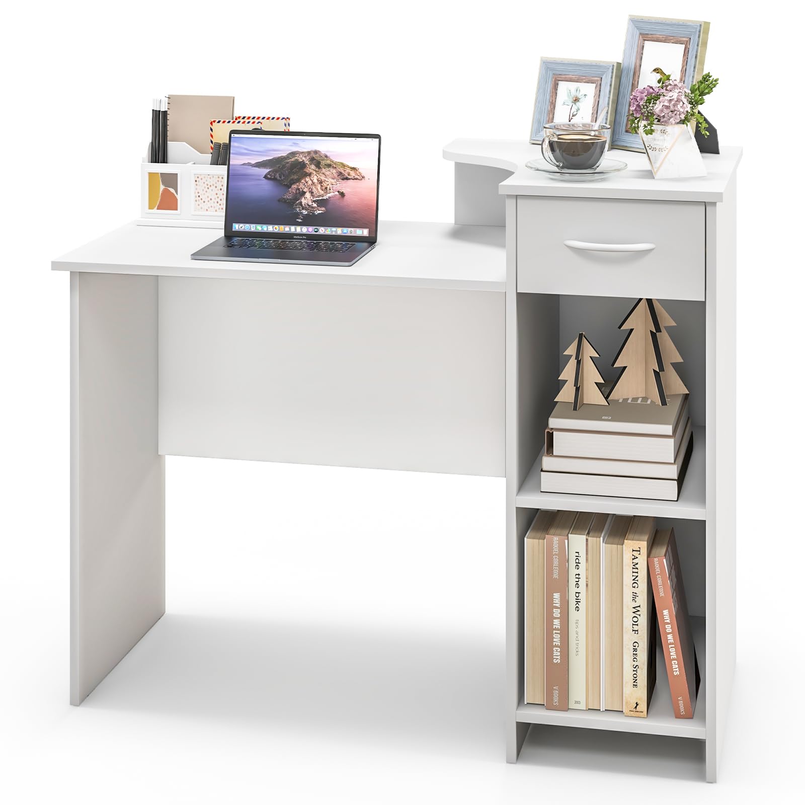 Tangkula Bureau blanc avec tiroir de rangement et étagères, bureau d'ordinateur moderne avec étagère réglable et passe-câbles, blanc